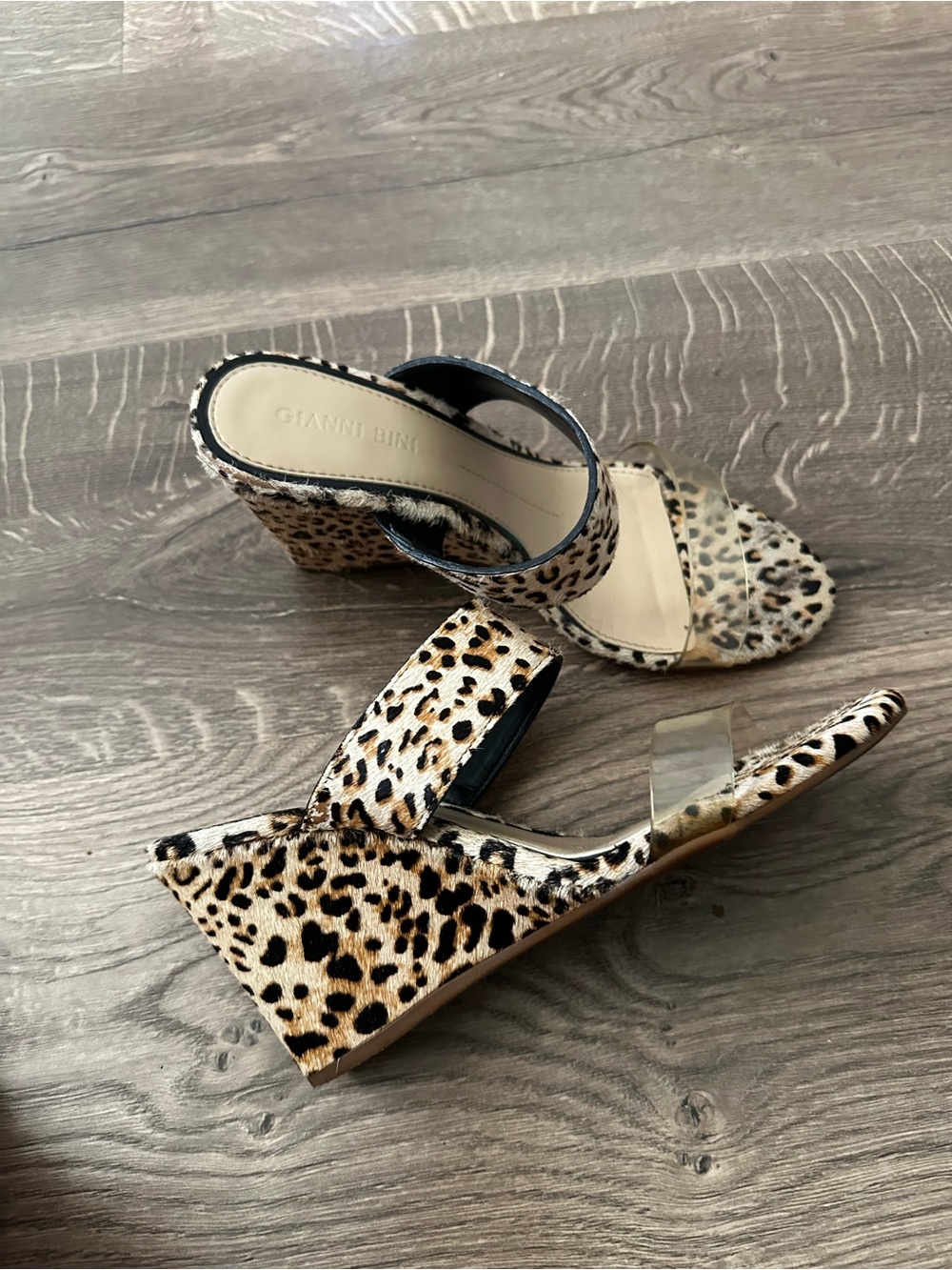 Gianni Bini Leopard-Print Wedge Sandals in Tan and Black with Clear Strap